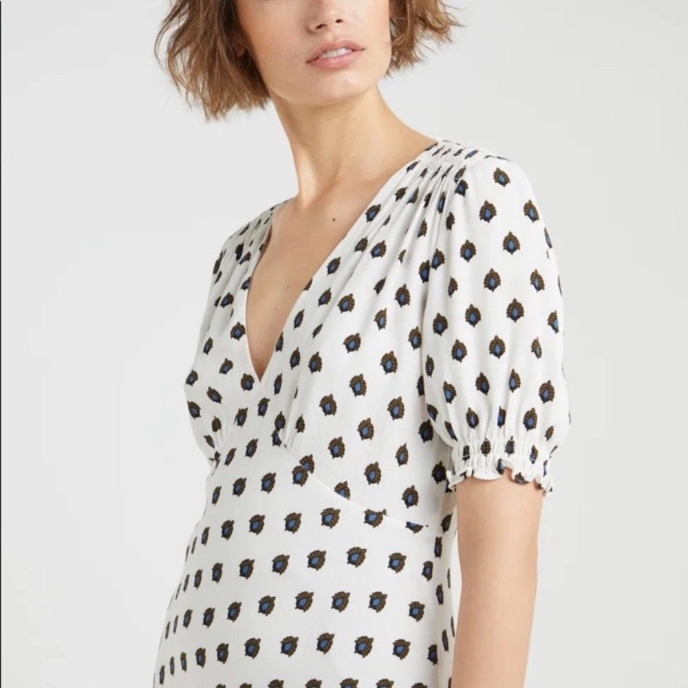 DVF Midi Ritz Dress Jemma A Line Puff Sleeve Polka Dot V Neck Retro Blue
